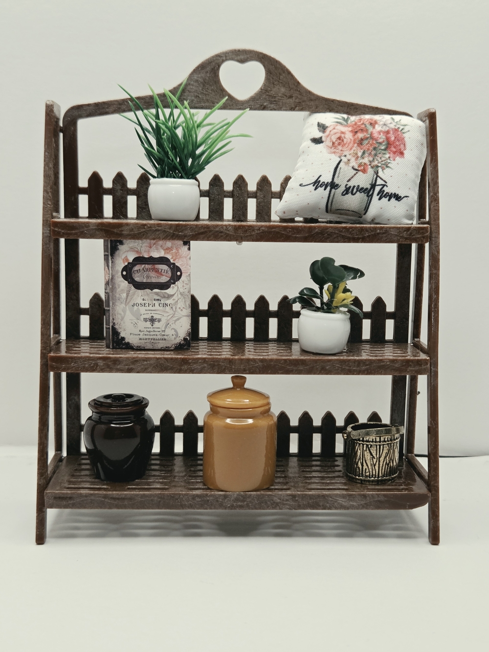 Miniature 3 Tier Shelf With Accessories Dollhouse Decor Lot with Mystery Bag